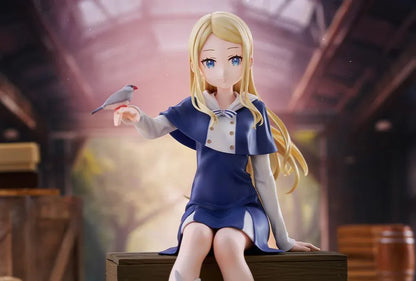 Sasaki and Peeps Elsa 1/7 Scale Figure featuring a blonde-haired anime girl with blue eyes wearing a navy-blue and white outfit, sitting on a wooden crate with a small bird perched on her hand.