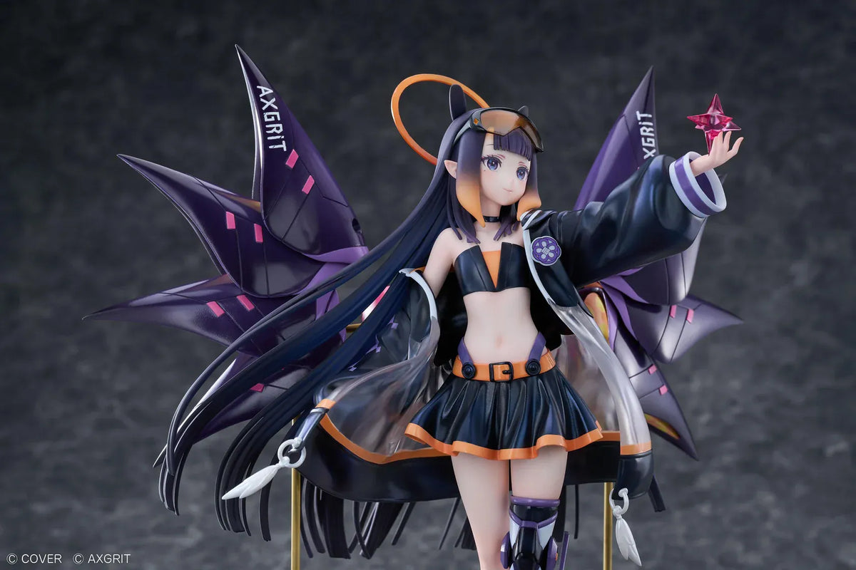 Ninomae Ina’nis AXGRIT Ver. figure with flowing dark hair, an oversized jacket, armored boots, purple mechanical elements, and orange rings above a circular base.