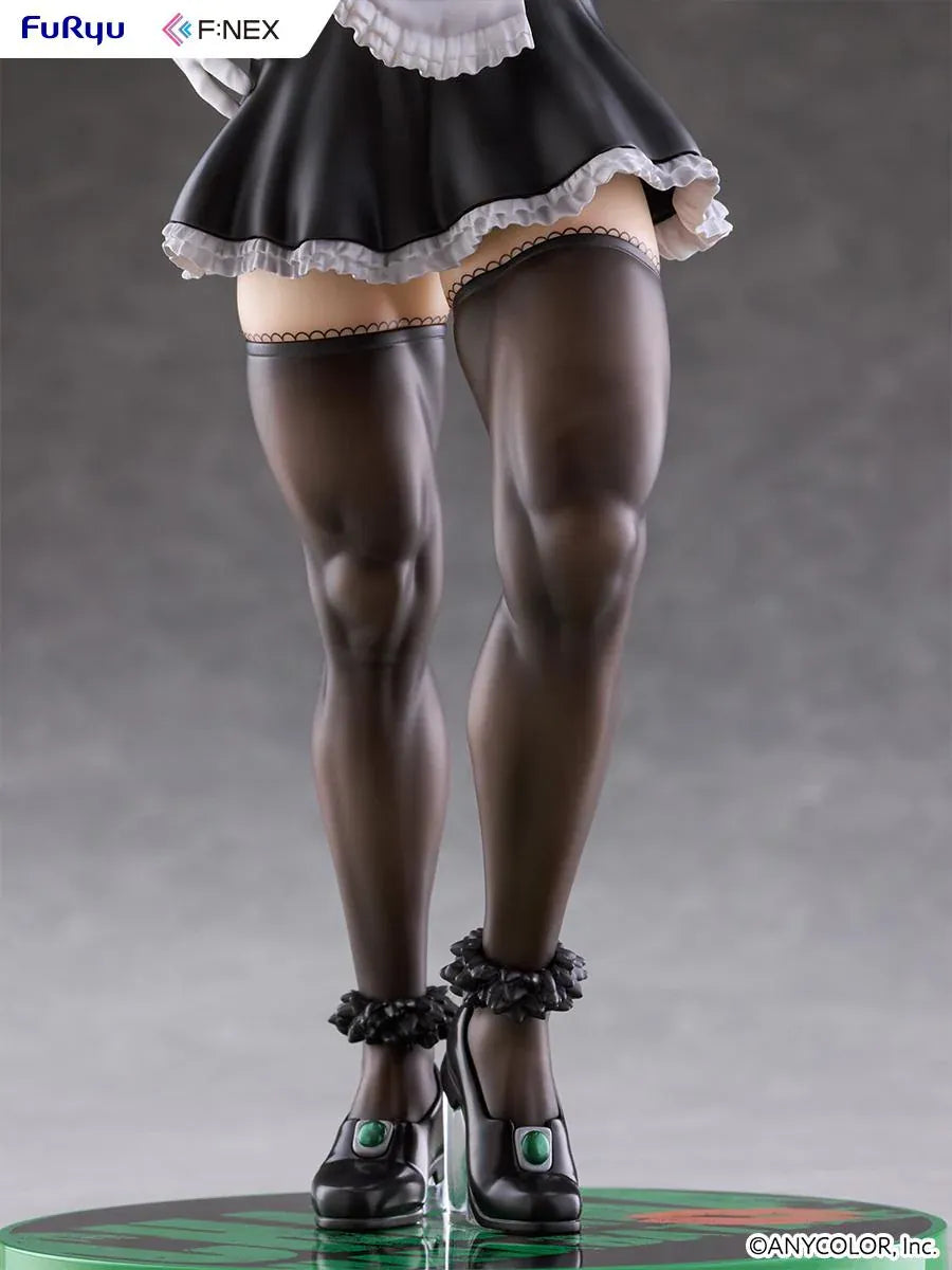 Hanabatake Chaika 1/7 Scale Figure by FuRyu F featuring a VTuber with tall black hair, green highlights, pointed ears, and a black and white maid outfit with white gloves, dark stockings, and black heels on a green circular display base.