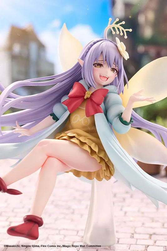 Magic Repo Man Empee 1/1 Scale Figure featuring a cheerful lavender-haired fairy with golden wings, a yellow dress, mint-green jacket, red bow, and matching shoes in a playful floating pose.
