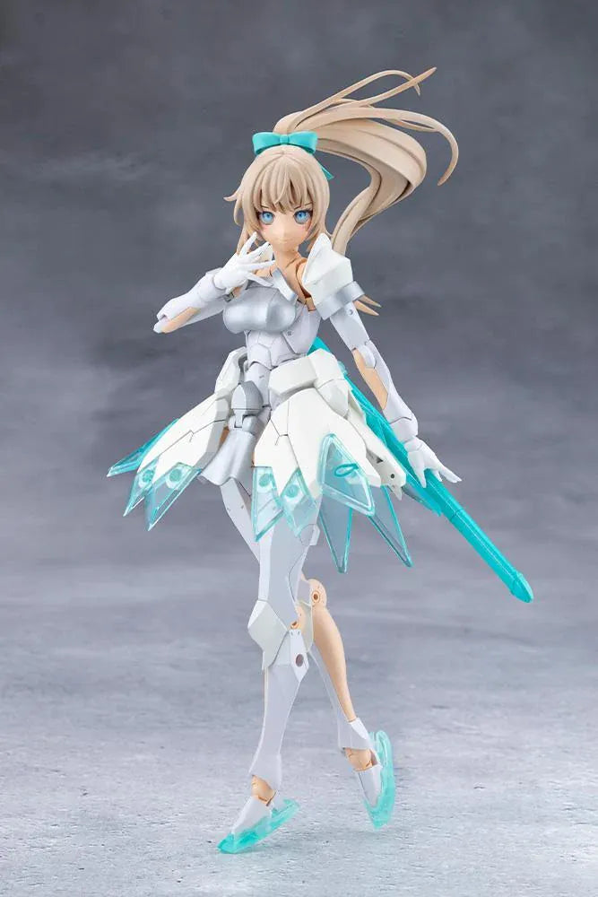 Megalomaria Unlimited Universe Emulator model kit wearing white armor with translucent teal parts and wielding teal weapons.