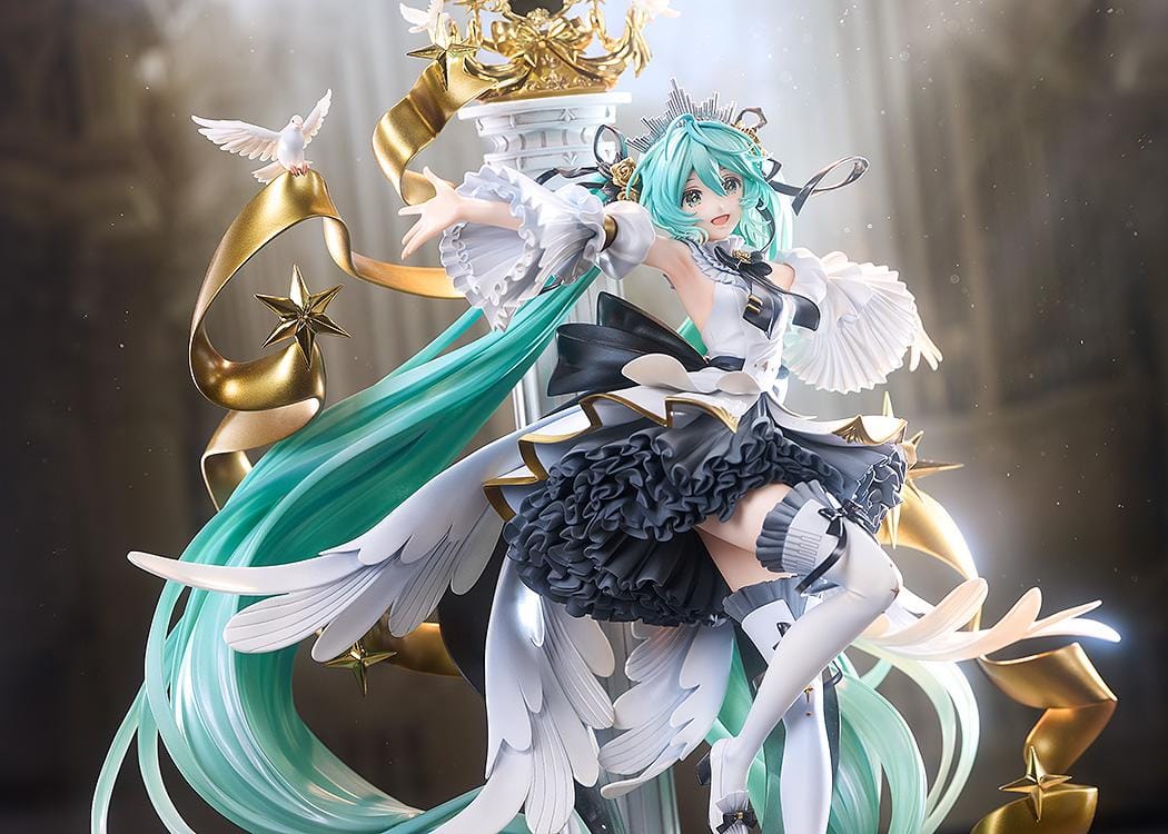 Hatsune Miku Symphony 10th Anniversary Ver. 1/7 scale figure with flowing turquoise hair, doves, gold ribbons, stars, and an ornate dress.