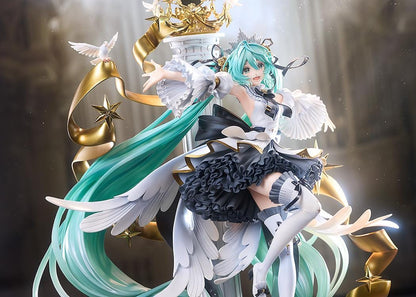 Hatsune Miku Symphony 10th Anniversary Ver. 1/7 scale figure with flowing turquoise hair, doves, gold ribbons, stars, and an ornate dress.