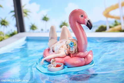 Brown Dust 2 Hot Summer Dream Justia 1/7 Scale Figure relaxing on a pink flamingo float with a water-themed display base