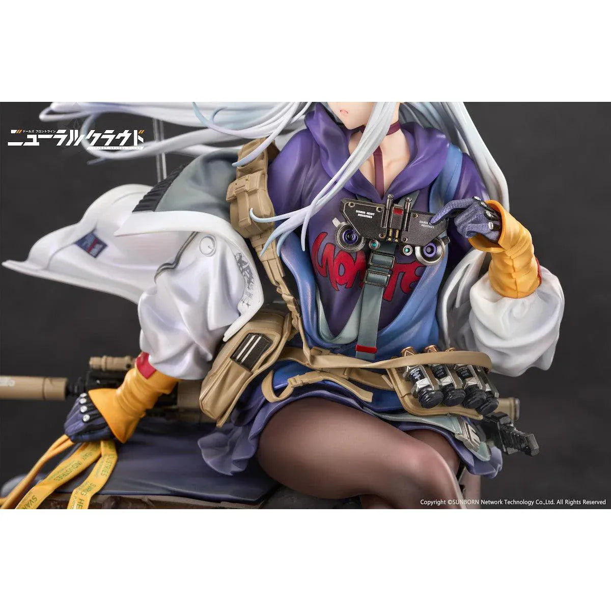 Girls' Frontline Neural Cloud Klukai 1/7 Scale Figure with long silver hair, military-inspired outfit, weapon accessories, seated pose, crate-style base, and bonus item
