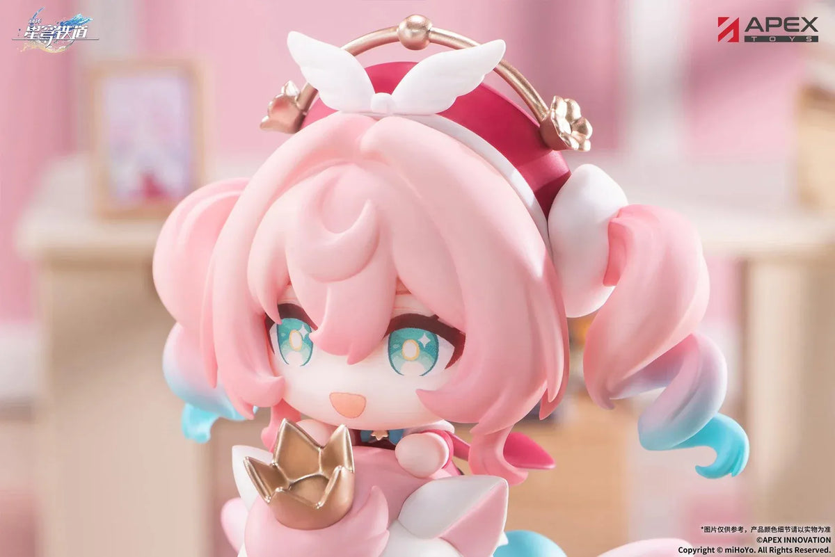 Honkai Star Rail Happy Shake Hyacine Non-Scale Figure by APEX Toys featuring a pink-haired anime girl with turquoise eyes riding a white winged companion with a golden crown and blue bow, mounted on a black spring and white circular base.