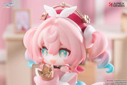 Honkai Star Rail Happy Shake Hyacine Non-Scale Figure by APEX Toys featuring a pink-haired anime girl with turquoise eyes riding a white winged companion with a golden crown and blue bow, mounted on a black spring and white circular base.