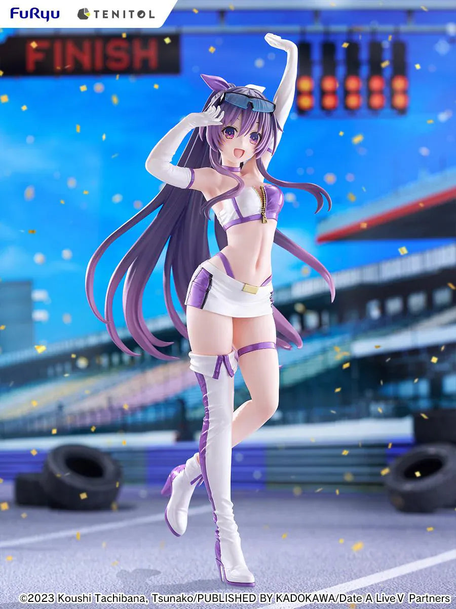 Date A Live V Tenitol Tall Tohka Yatogami Race Queen Ver. Figure featuring Tohka with long purple hair, white-and-purple race queen outfit, sunglasses, and matching boots.