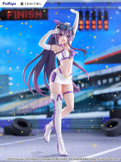 Date A Live V Tenitol Tall Tohka Yatogami Race Queen Ver. Figure featuring Tohka with long purple hair, white-and-purple race queen outfit, sunglasses, and matching boots.