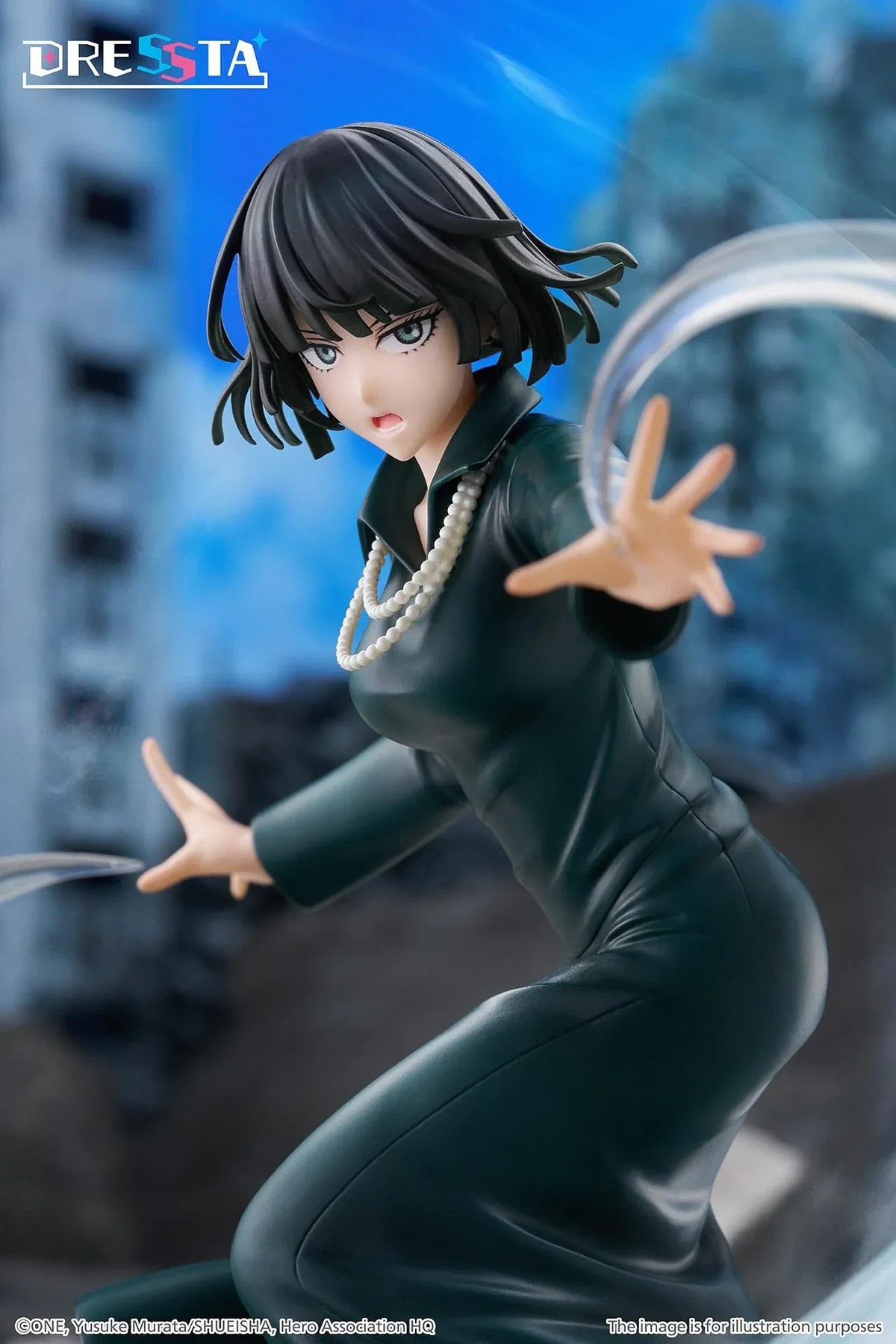 Hellish Blizzard Dressta figure in a flowing dark green dress surrounded by translucent psychic energy effects on a rocky base.