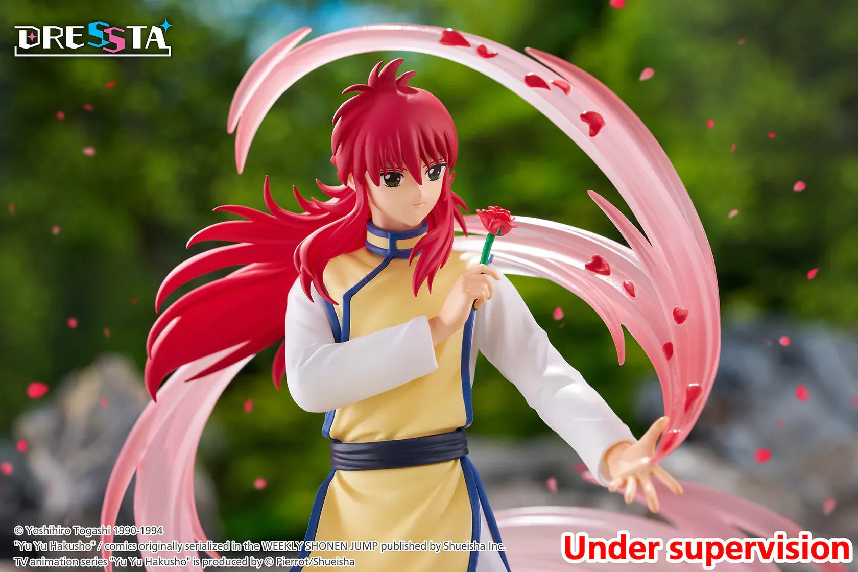 Yu Yu Hakusho Dressta Kurama Figure with red hair, yellow outfit, rose accessory, pink energy effects, and display base