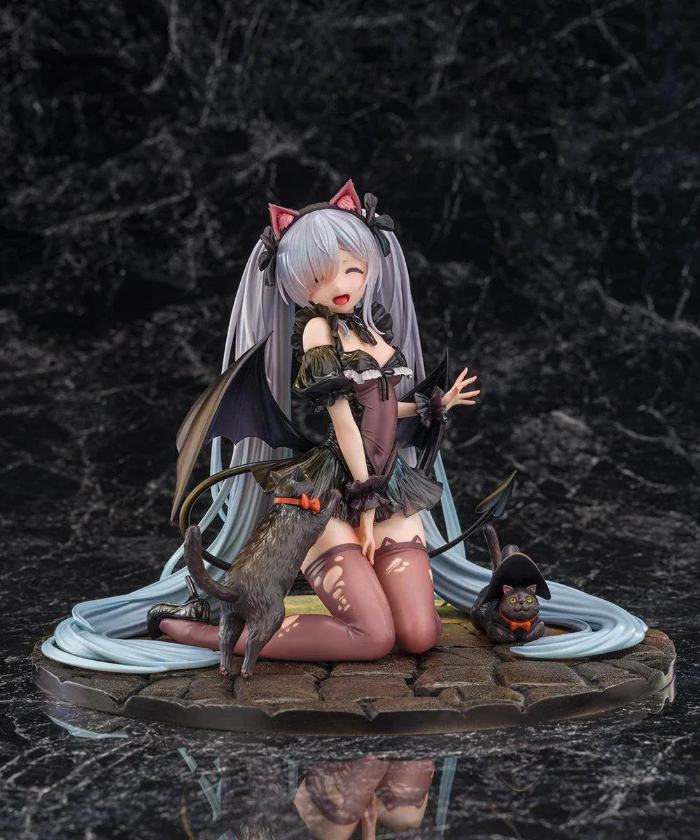 Azur Lane Janus Fright Night Scaredy Cat Ver. 1/7 scale figure featuring Janus in a Halloween-themed gothic outfit with cat ears, bat wings, black cats, and a detailed display base