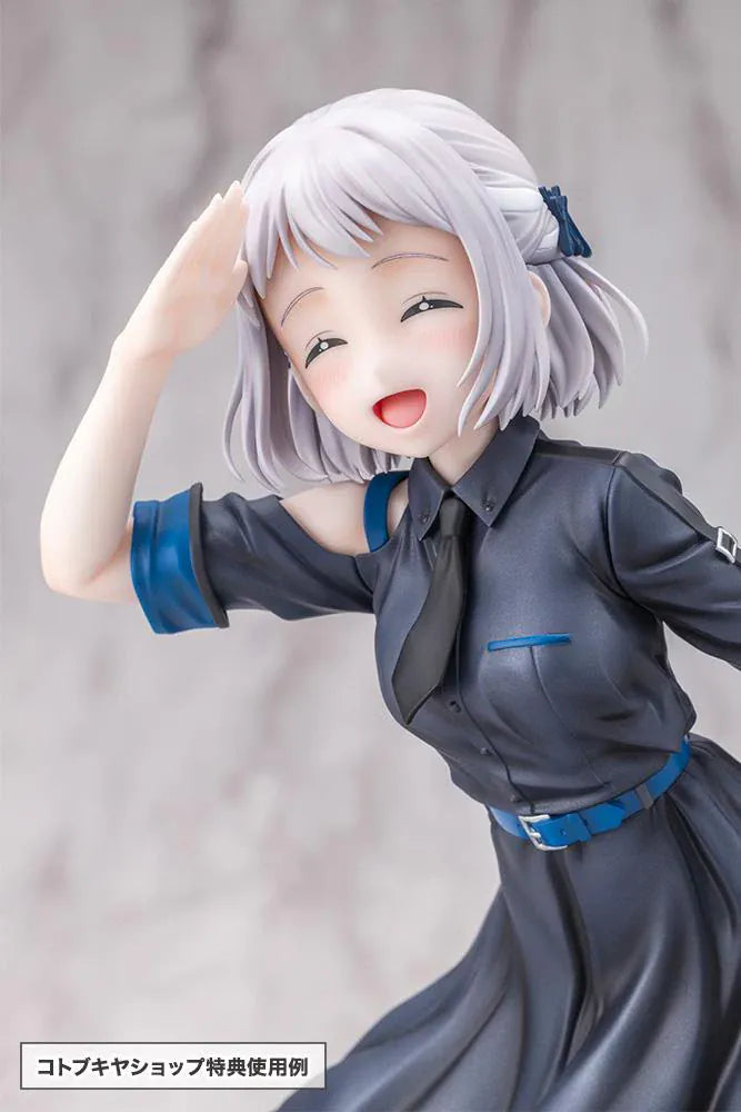 The Idolmaster Gakuen Lilja Katsuragi Hakusen DX Ver. 1/7 Scale Figure featuring Lilja with short silver hair, black dress with blue accents, boots, and themed display base.