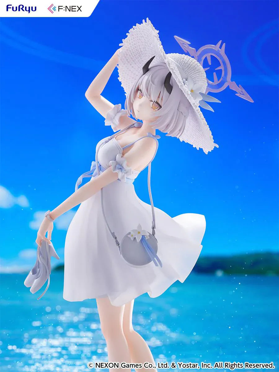 Blue Archive Sena Casual 1/7 Scale Figure featuring Sena with short silver hair, white dress, wide-brim hat, sandals in hand, and seaside-themed display base.