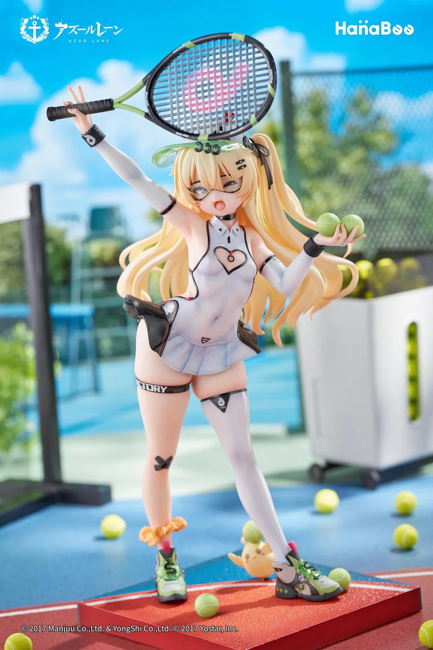 Azur Lane Bache Showy Sports Star Deluxe Ver. 1/6 Scale Figure featuring Bache in a tennis-inspired outfit with racket, tennis balls, display base, bonus artwork, and character can badge.