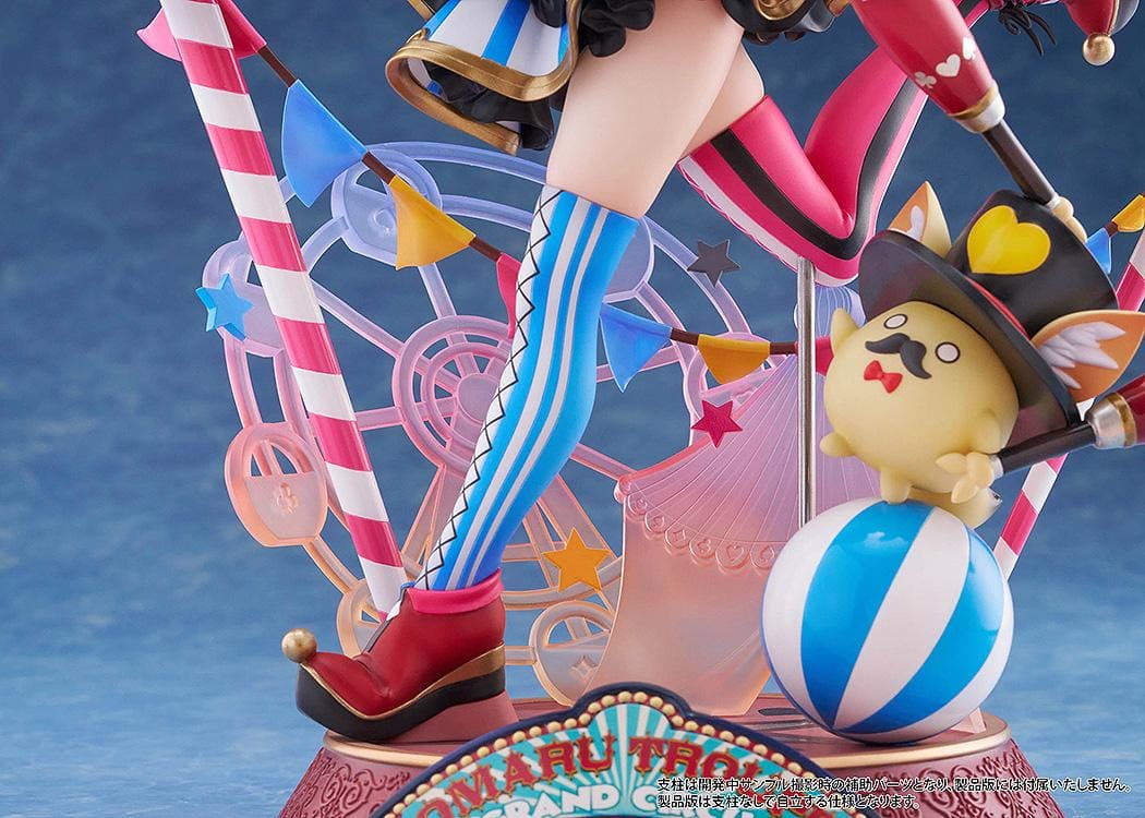 hololive production Omaru Polka 1/7 Scale Figure with jester outfit, fox ears, baton, colorful circus base, and dynamic pose