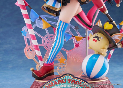 hololive production Omaru Polka 1/7 Scale Figure with jester outfit, fox ears, baton, colorful circus base, and dynamic pose