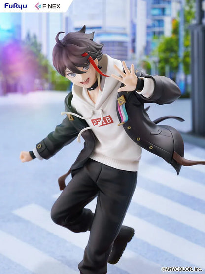 Nijisanji Saegusa Akina 1/7 Scale Figure with black jacket, white hoodie, red accent, dynamic pose, and character-themed display base