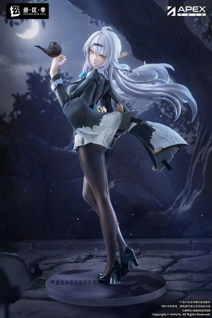 Zenless Zone Zero Limepie Yixuan Trails of Ink Ver. 1/8 Scale Figure by APEX Toys featuring a white-haired anime woman with golden eyes wearing a black outfit with white embroidered accents, sheer stockings, and black heels while holding a small brown bird on a circular display base.