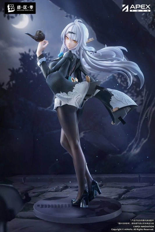 Zenless Zone Zero Limepie Yixuan Trails of Ink Ver. 1/8 Scale Figure by APEX Toys featuring a white-haired anime woman with golden eyes wearing a black outfit with white embroidered accents, sheer stockings, and black heels while holding a small brown bird on a circular display base.