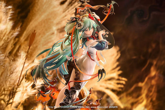Hatsune Miku Shimian Maifu Ver. 1/7 scale figure featuring flowing turquoise hair, stringed instrument, orange ribbons, flame effects, and detailed fantasy outfit