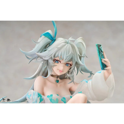 Girls' Frontline 2 Exilium Florence Marvellous Herb Cake Ver. 1/7 Scale Figure seated on a cushion with mint hair, phone accessory, pillows, snacks, and game controller details