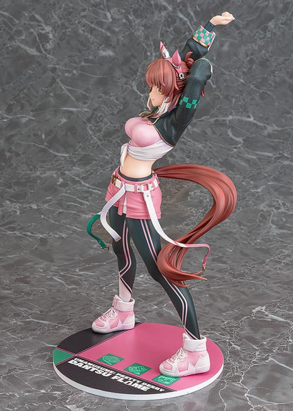 Uma Musume Pretty Derby Dantsu Flame 1/7 scale figure in pink athletic outfit with dynamic stretching pose and themed base
