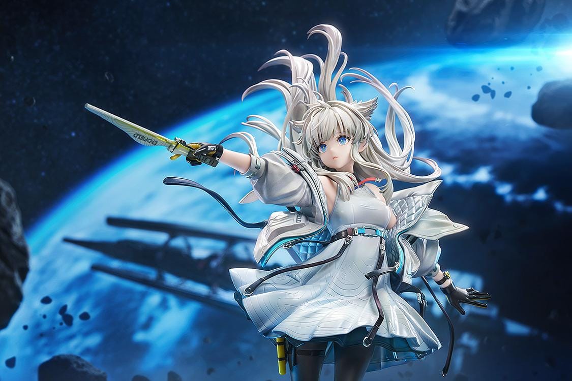 Arknights Endfield Perlica 1/7 Scale Figure featuring Perlica with flowing silver hair, animal ear details, futuristic white outfit, weapon accessory, and crystal-style display base.