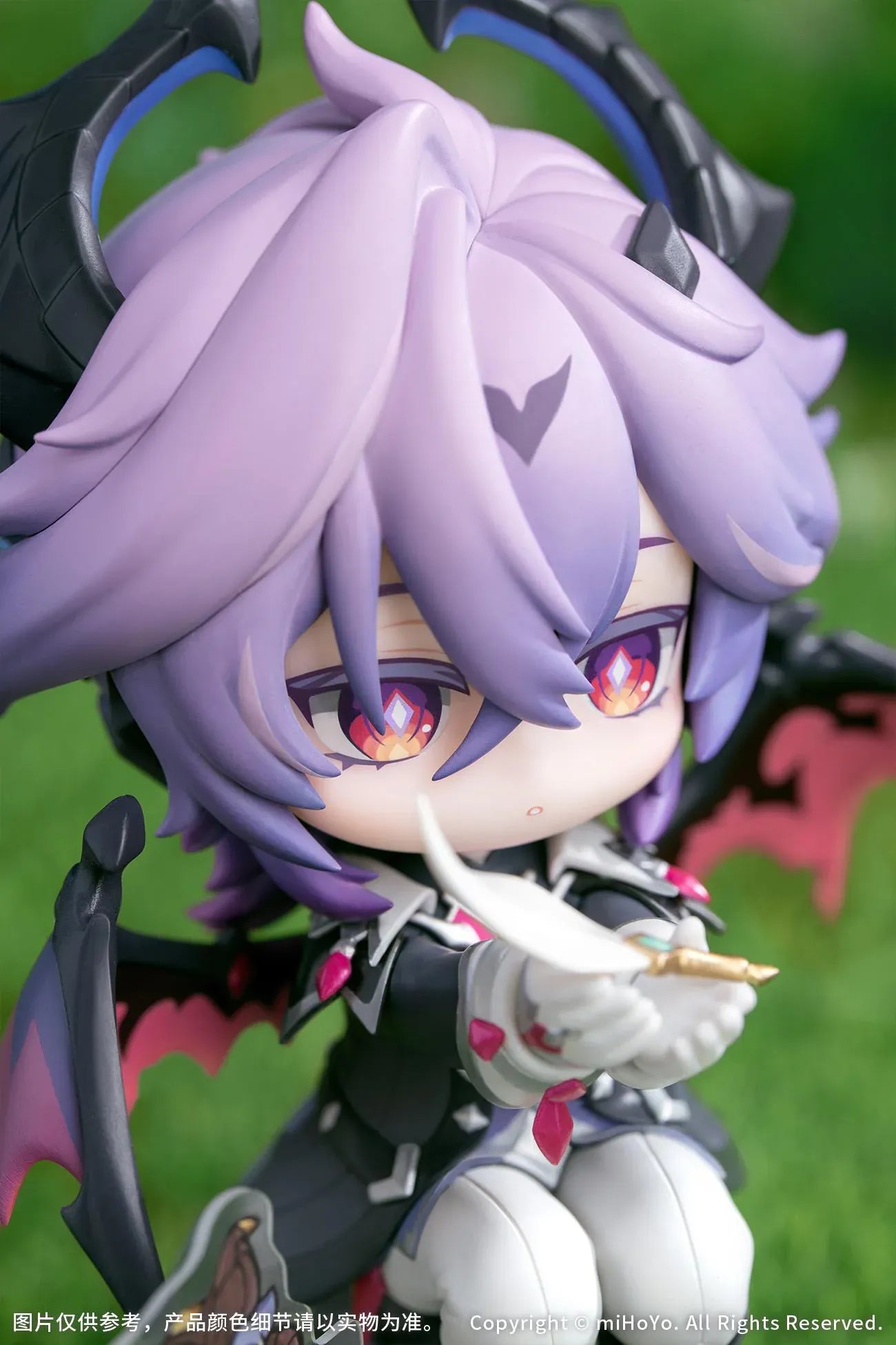Genshin Impact Durin Floral Wanderings ver. with Bonus Non Scale Figure featuring Durin with lavender hair, horns, bat-like wings, books, companion illustration, and themed display base.