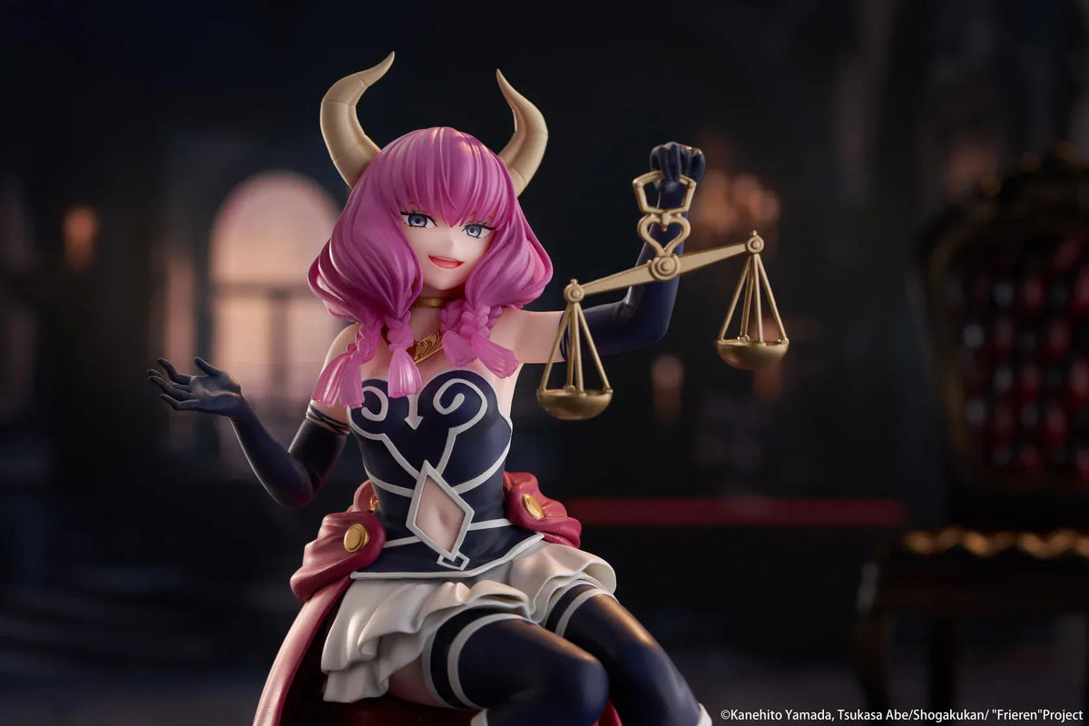 Desktop Cute Aura figure seated on a burgundy tufted stool, with purple hair, curved horns, a dark outfit, and golden balance scales held aloft.