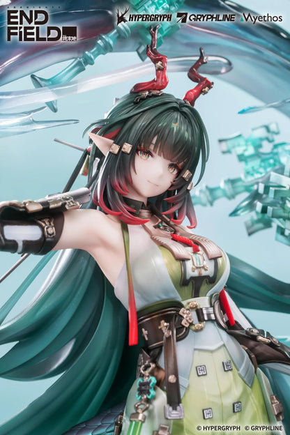 Arknights Endfield Zhuang Fangyi 1/7 scale figure with teal hair and a green outfit, surrounded by a curling dragon and translucent turquoise blades.