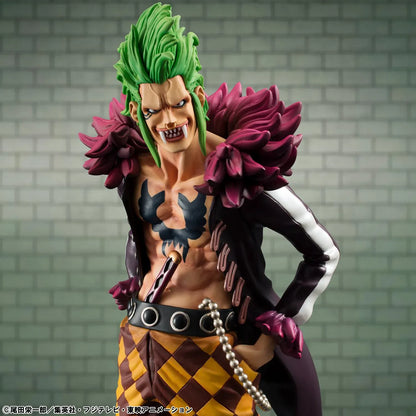 One Piece Portrait Of Pirates Limited Edition Bartolomeo the Cannibal figure with green hair, black coat, and checkered pants
