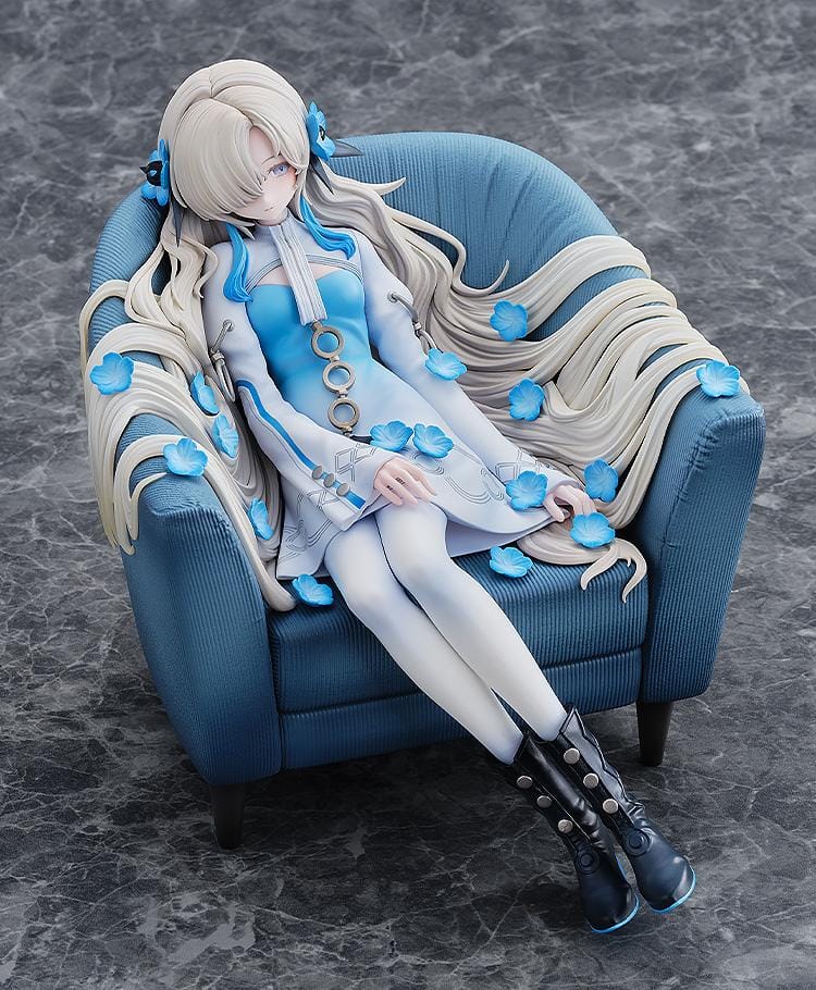 Isekaijoucho Universal Body Nemophila 1/7 scale figure sitting on blue chair with flowing silver hair and blue flower petals