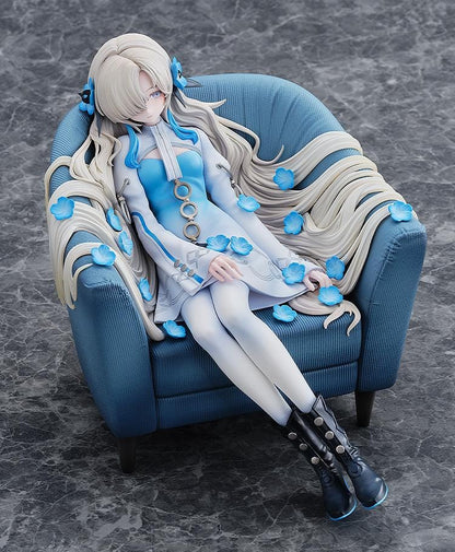 Isekaijoucho Universal Body Nemophila 1/7 scale figure sitting on blue chair with flowing silver hair and blue flower petals