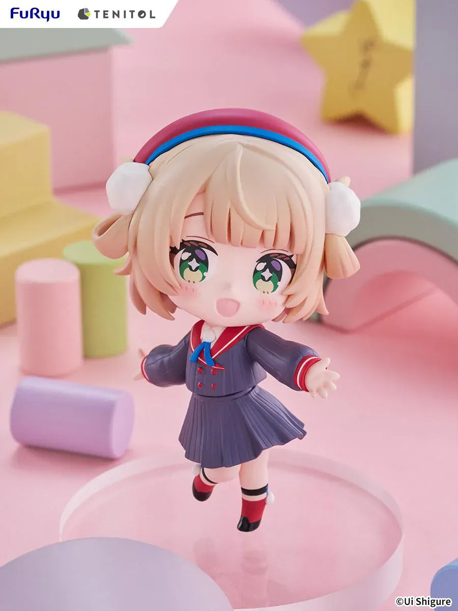 Ui Shigure Tenitol Mini Ui Shigure Figure with blonde hair, green eyes, earmuffs, school uniform outfit, cheerful pose, and round display base