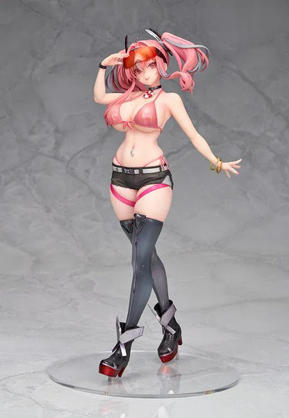 Azur Lane Bremerton 1/7 scale figure with pink twin tails, orange goggles, a navy coat, black shorts, and tall boots in a saluting pose.