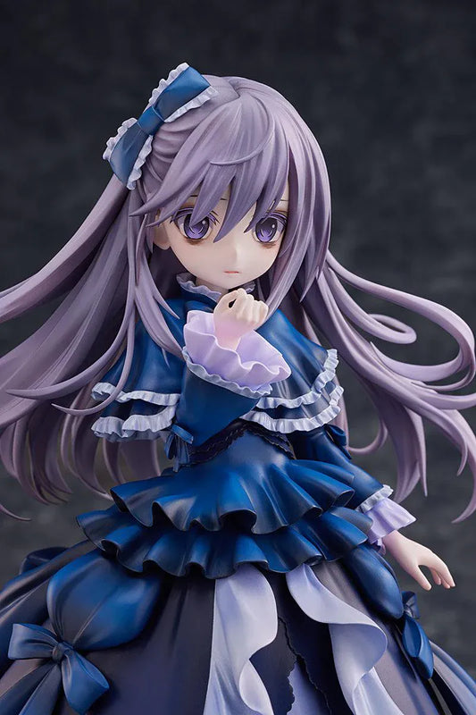 Yu-Gi-Oh! Monster Figure Collection Ghost Belle and Haunted Mansion 1/7 Scale Figure with lavender hair, dark blue gothic dress, layered ruffles, and clear display base