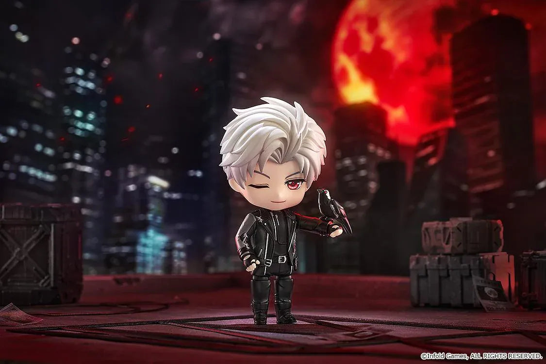Love and Deepspace Nendoroid Sylus Figure with silver hair, red eyes, and black outfit