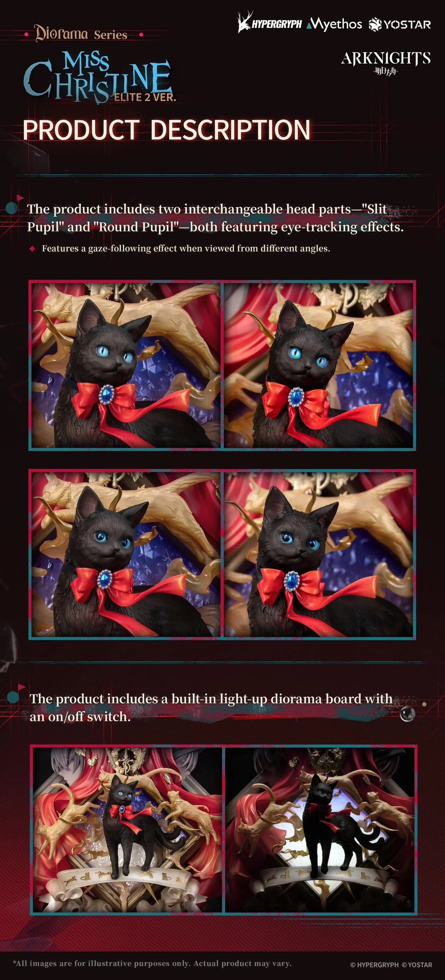 Arknights Miss Christine Elite 2 Ver. Diorama Non-Scale Figure with black cat, red bow, gold accents, theater masks, and red drapery
