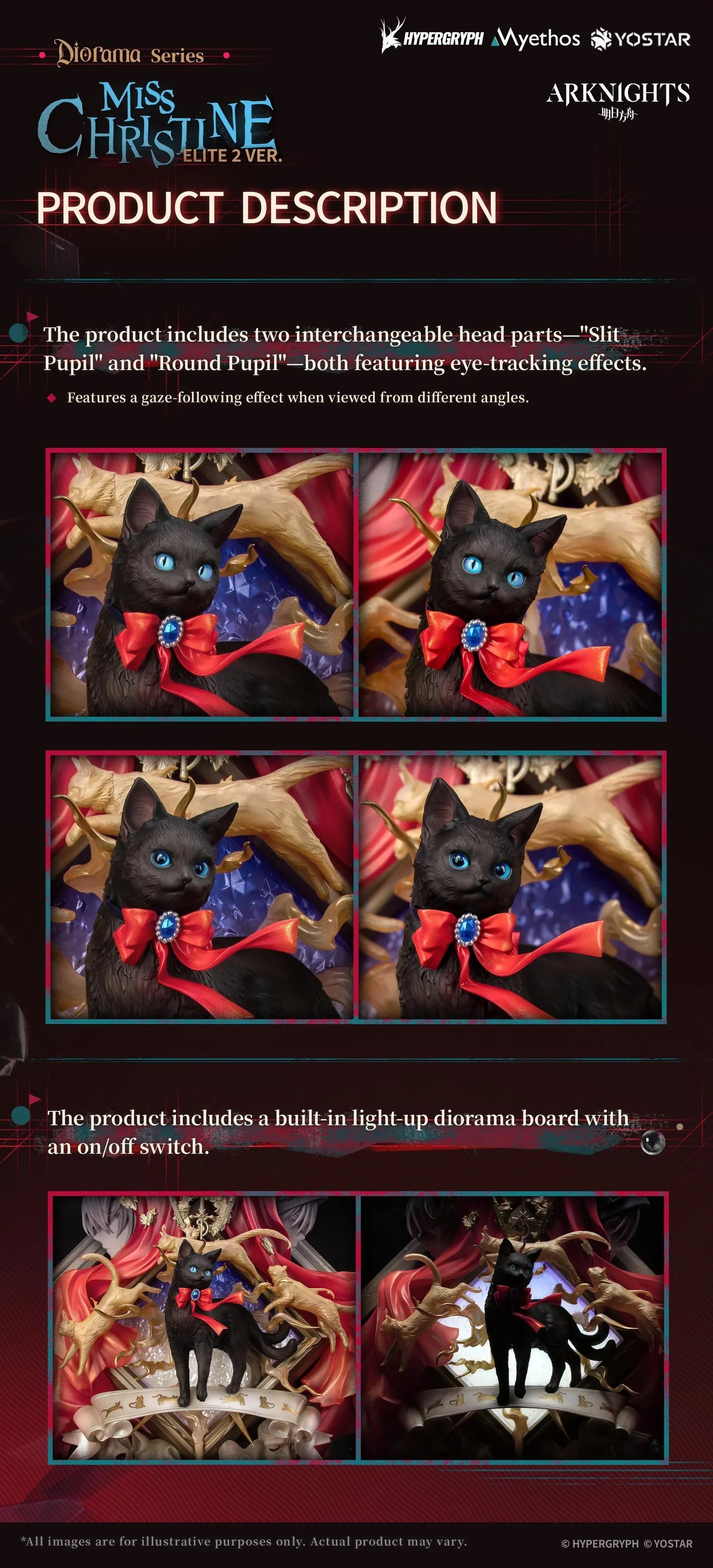 Arknights Miss Christine Elite 2 Ver. Diorama Non-Scale Figure with black cat, red bow, gold accents, theater masks, and red drapery