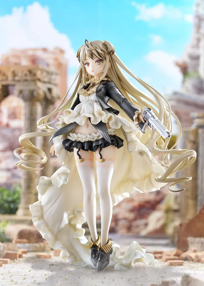 Girls' Frontline Desert Eagle 1/7 Scale Figure featuring Desert Eagle with long blonde hair, white-and-black outfit, golden eyes, handgun accessory, and flowing dress details.