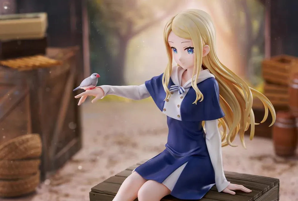 Sasaki and Peeps Elsa 1/7 Scale Figure featuring a blonde-haired anime girl with blue eyes wearing a navy-blue and white outfit, sitting on a wooden crate with a small bird perched on her hand.