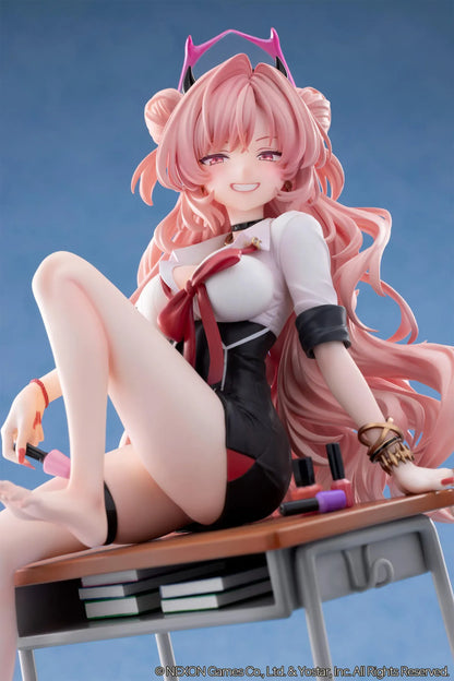 Blue Archive Kirara figure with long pink hair, black horns, and a pink halo, seated on a classroom desk beside nail polish bottles.