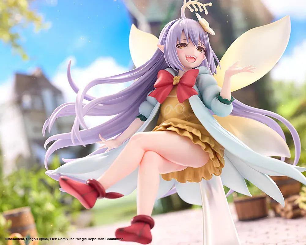 Magic Repo Man Empee 1/1 Scale Figure featuring a cheerful lavender-haired fairy with golden wings, a yellow dress, mint-green jacket, red bow, and matching shoes in a playful floating pose.