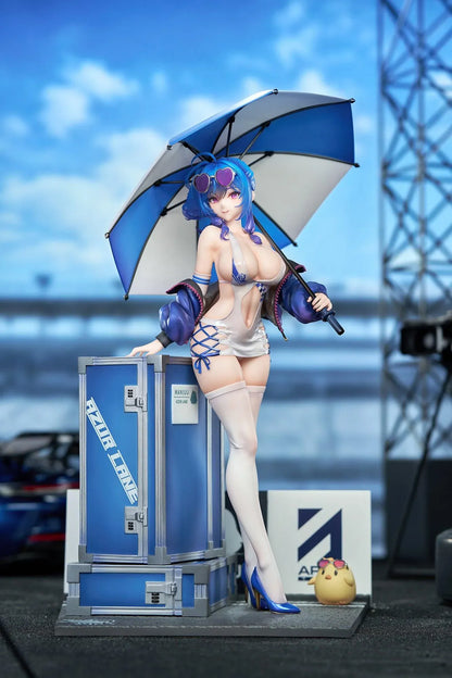 Azur Lane St. Louis Race Queen Ver. 1/7 Scale Figure with blue hair, umbrella, racing outfit, display cases, mascot detail, and bonus item