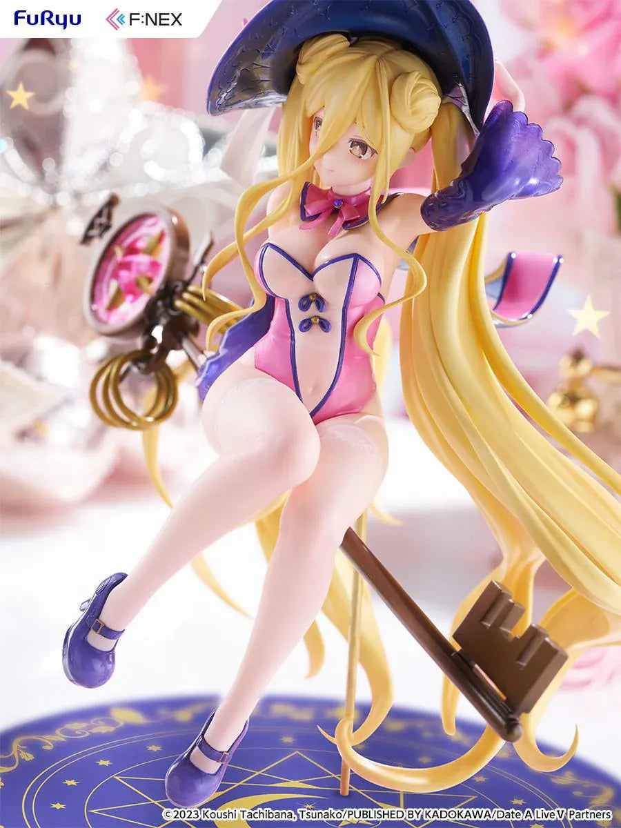 Date A Live V Mukuro Hoshimiya Witch Style Ver. 1/7 Scale Figure featuring Mukuro with long blonde hair, pink witch outfit, large witch hat, key-shaped staff, and magical display base.
