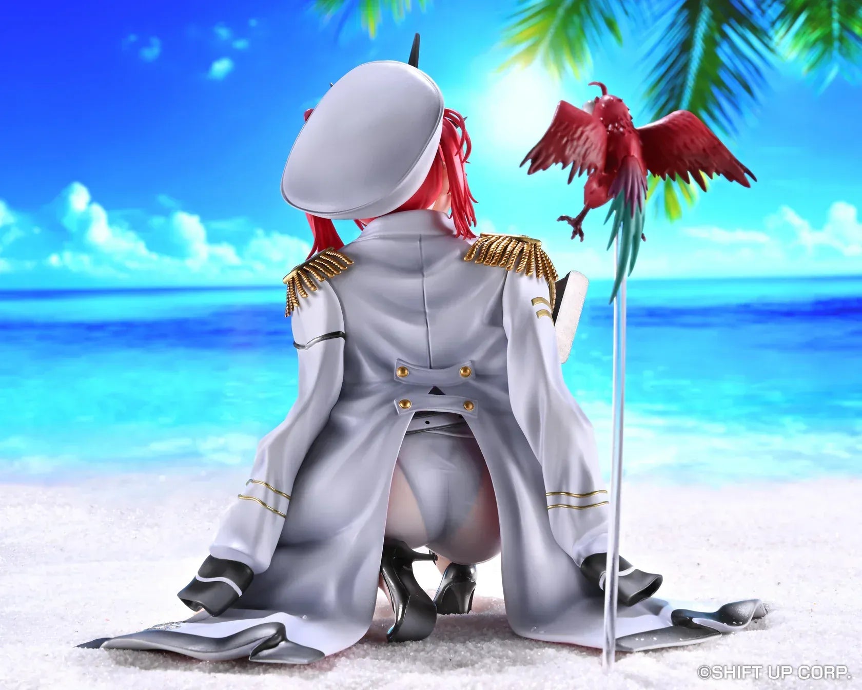 Goddess of Victory: Nikke Mast 1/7 scale figure kneeling on red-and-white base in white naval uniform with rifle and red parrot