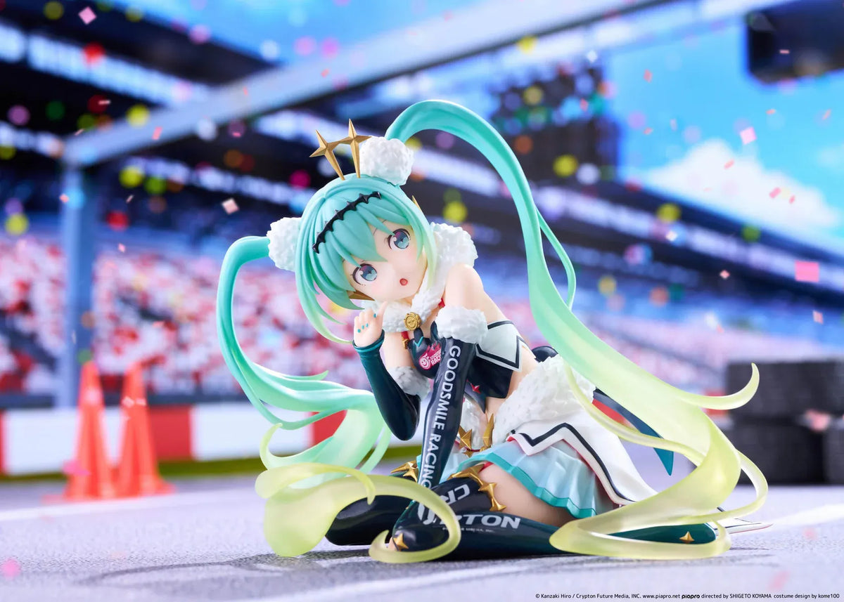 Racing Miku 2018 Ver. Round 8 figure seated in a white, black, and turquoise racing outfit with long gradient twin tails.