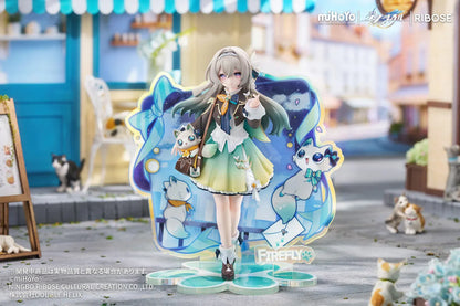 Honkai Star Rail Rise Up+ Chibi Cat Series Firefly Figure featuring Firefly in a cute chibi-style outfit with cat-themed display accents, colorful backdrop, and themed base.