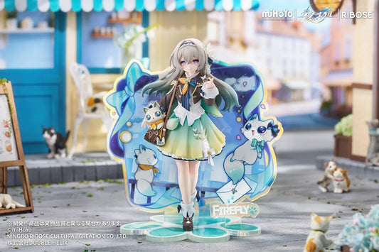 Honkai Star Rail Rise Up+ Chibi Cat Series Firefly Figure featuring Firefly in a cute chibi-style outfit with cat-themed display accents, colorful backdrop, and themed base.